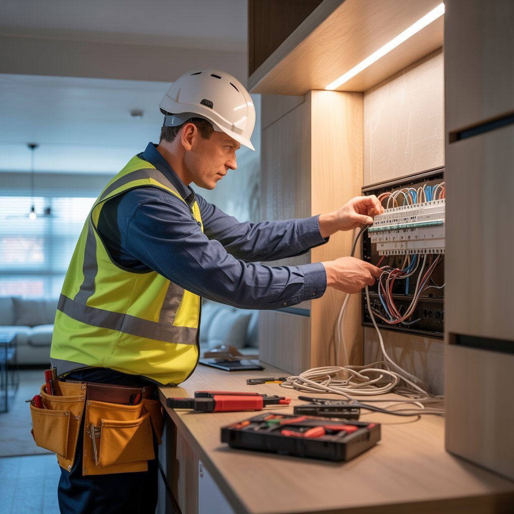 Elektriker in ihrer Region arbeitet an Sicherungskasten – Suchmaschinenoptimierung für Elektriker steigert lokale Sichtbarkeit bei Google